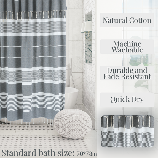 Battleship Gray Cotton Shower Curtain with Tassels – 79" x 71" – Boho & Farmhouse Style – Quick Dry, Multi-Purpose, Free Hooks