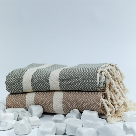 2-Pack Cotton Travel Towels – Lightweight, Quick-Dry & Compact | Exclusive Diavron Weave in Caramel Beige & Khaki Green (39" x 71")