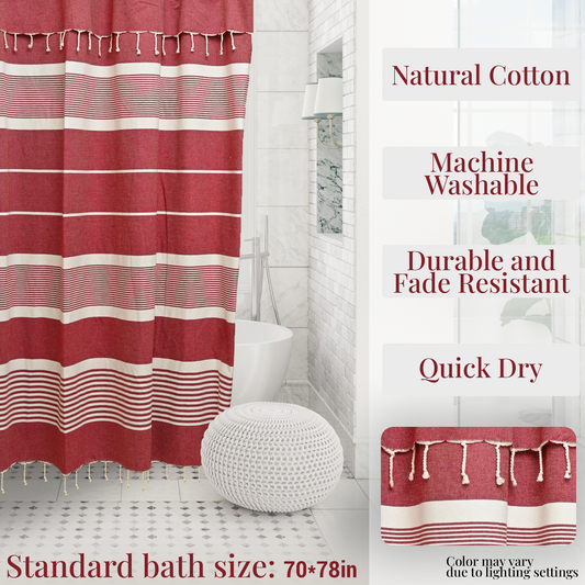 Red Violet Cotton Shower Curtain with Tassels – 79" x 71" – Boho & Farmhouse Style – Quick Dry, Multi-Purpose, Free Hooks