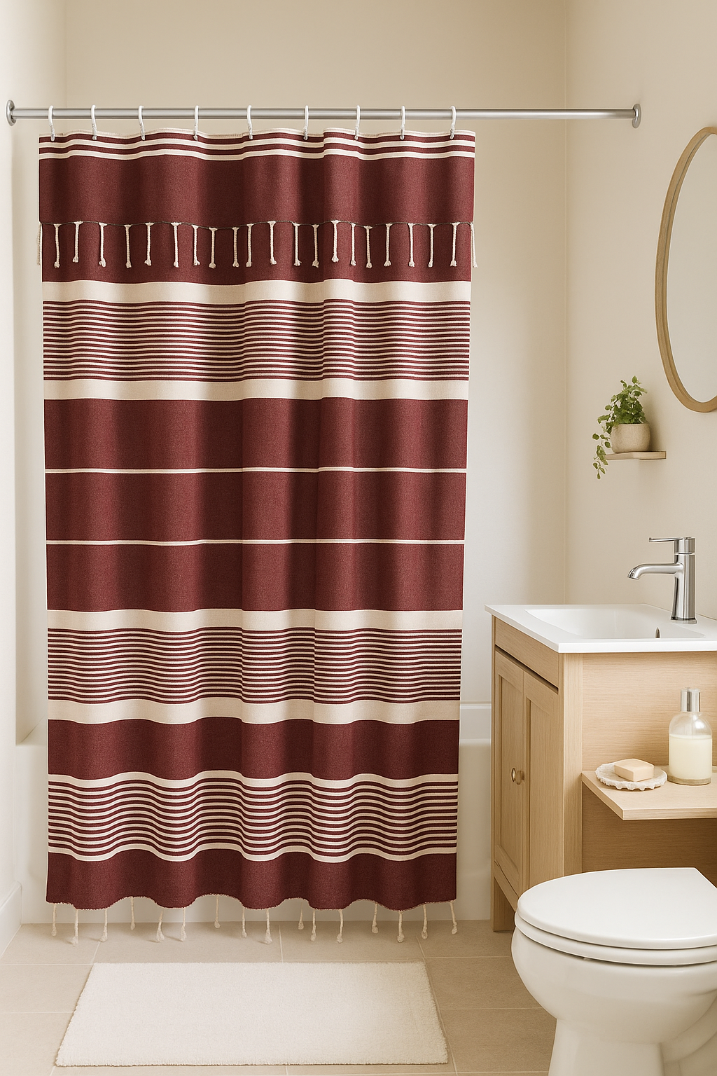 Red Violet Cotton Shower Curtain with Tassels – 79" x 71" – Boho & Farmhouse Style – Quick Dry, Multi-Purpose, Free Hooks