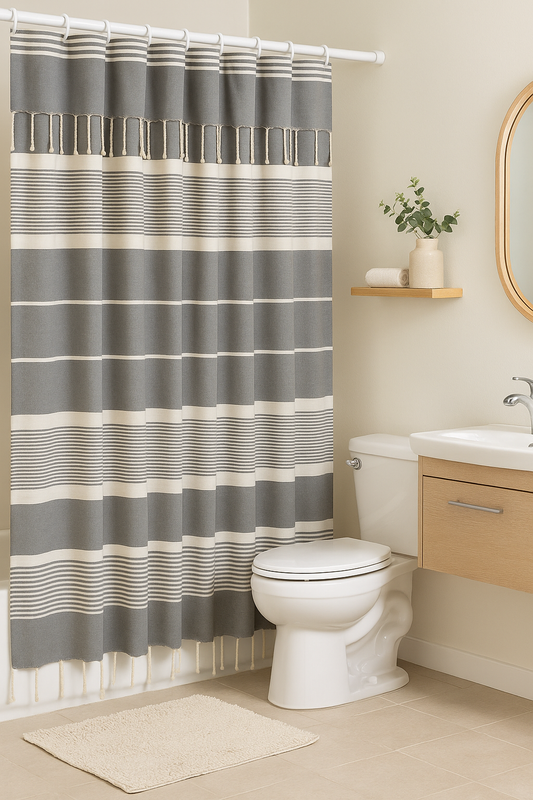 Battleship Gray Cotton Shower Curtain with Tassels – 79" x 71" – Boho & Farmhouse Style – Quick Dry, Multi-Purpose, Free Hooks