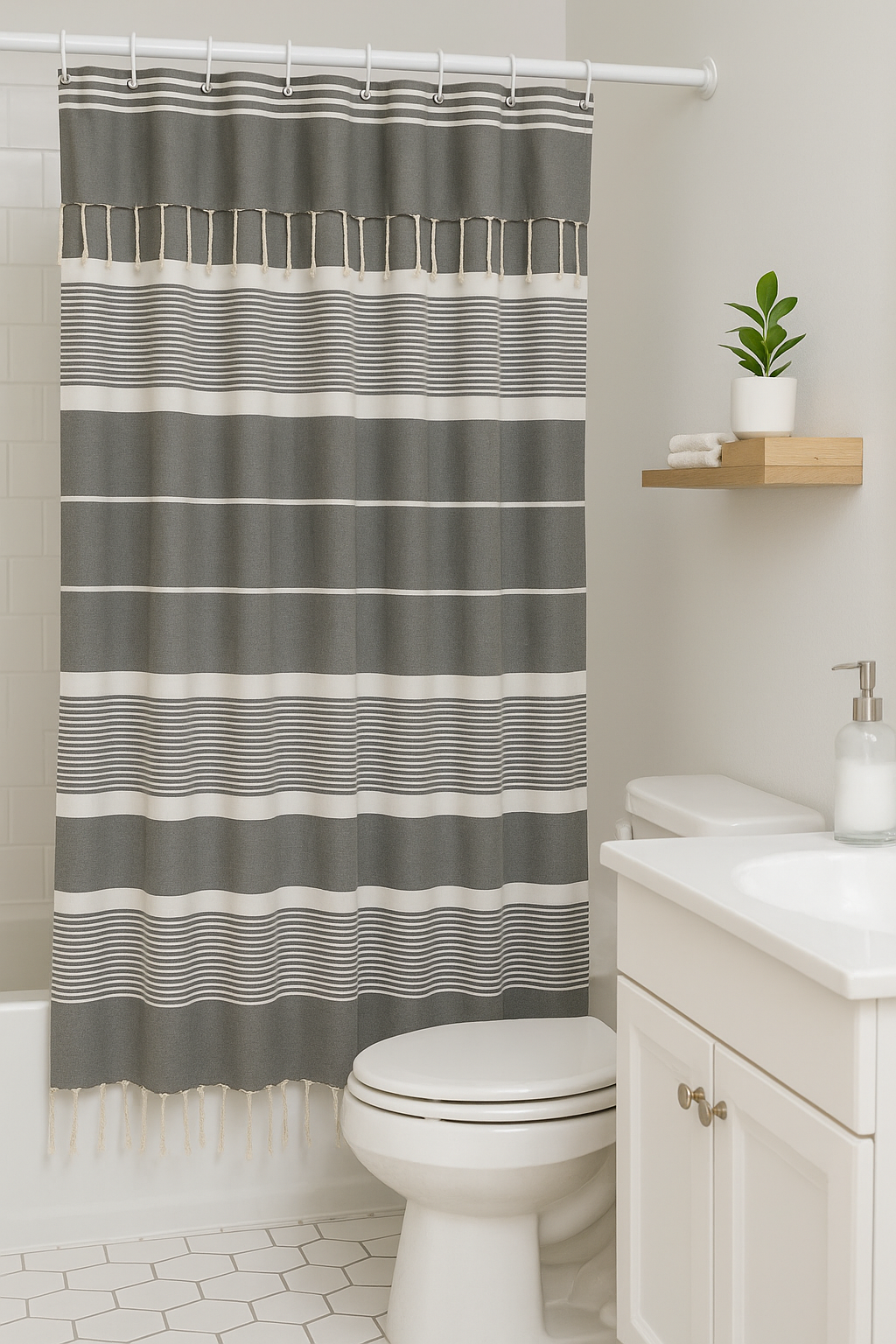 Battleship Gray Cotton Shower Curtain with Tassels – 79" x 71" – Boho & Farmhouse Style – Quick Dry, Multi-Purpose, Free Hooks