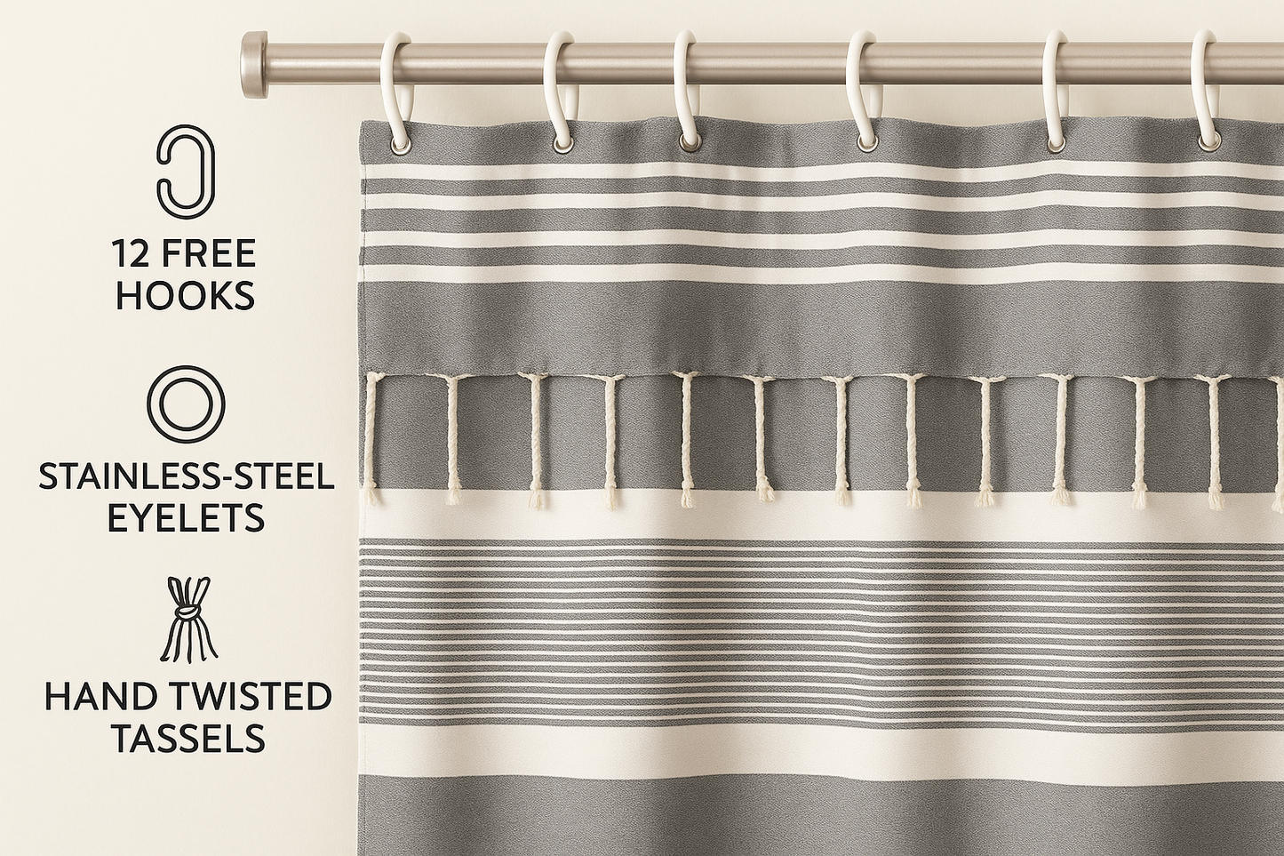 Battleship Gray Cotton Shower Curtain with Tassels – 79" x 71" – Boho & Farmhouse Style – Quick Dry, Multi-Purpose, Free Hooks