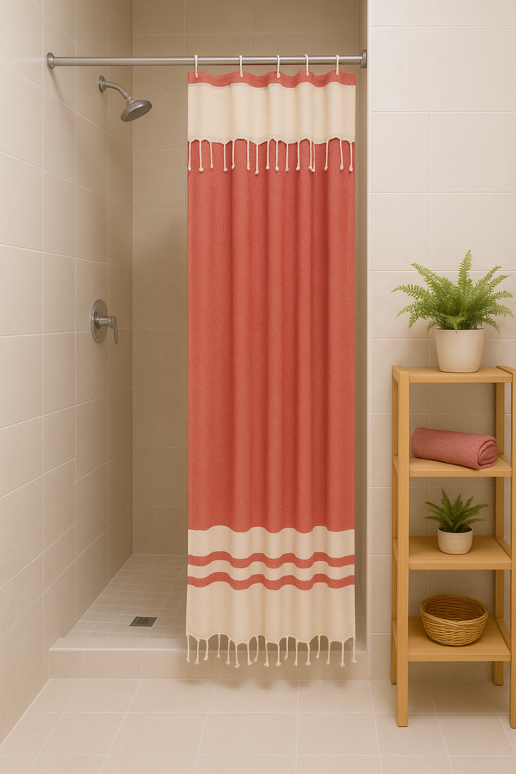 Coral Red Cotton Stall Shower Curtain – Bold, Cheerful & Space-Saving (39" x 71")