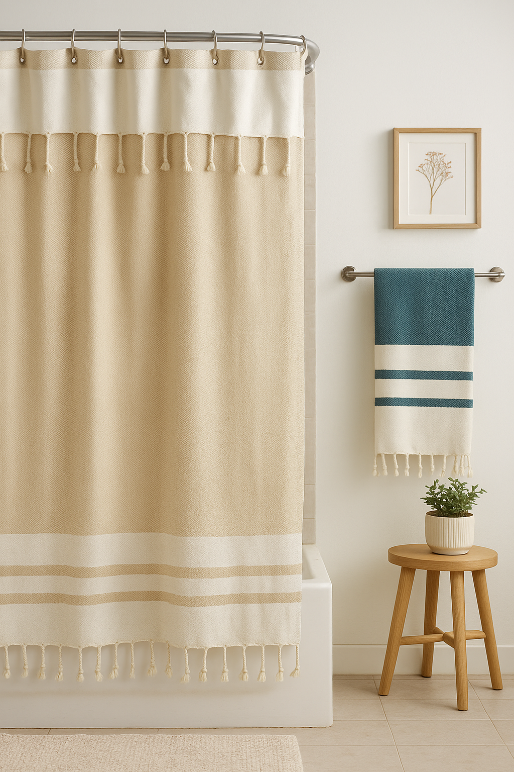 Caramel Beige Cotton Stall Shower Curtain – Warm, Neutral & Space-Saving (39" x 71")