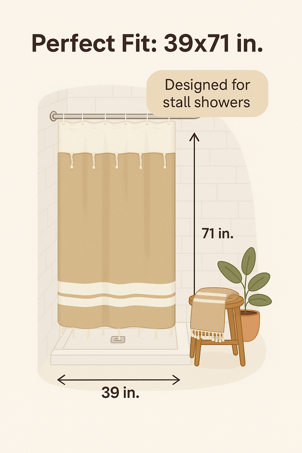 Caramel Beige Cotton Stall Shower Curtain – Warm, Neutral & Space-Saving (39" x 71")