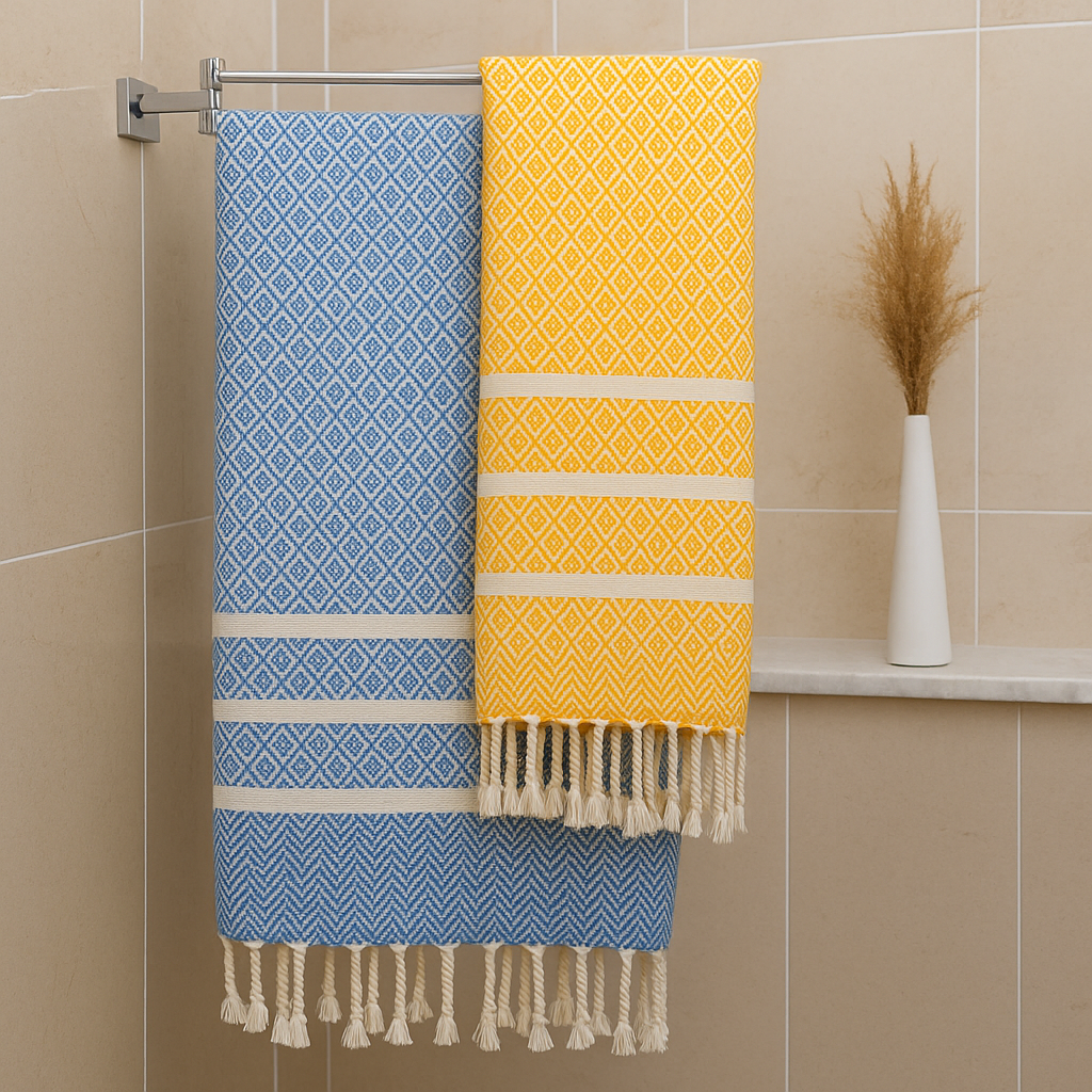 Gold Yellow & Turquoise Blue Diavron Towel Set – Luxurious Cotton, Quick Dry & Lightweight for Travel, Beach & Home