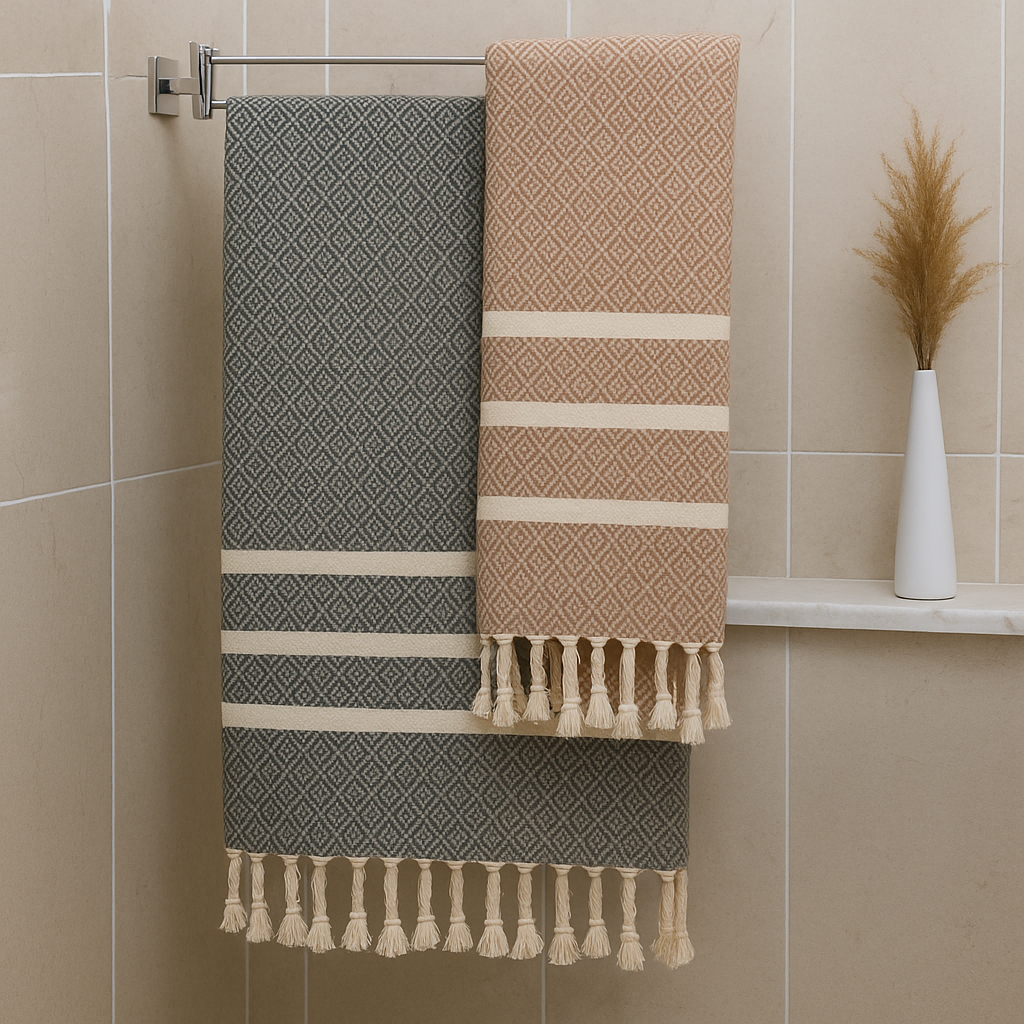 2-Pack Cotton Travel Towels – Lightweight, Quick-Dry & Compact | Exclusive Diavron Weave in Caramel Beige & Khaki Green (39" x 71")