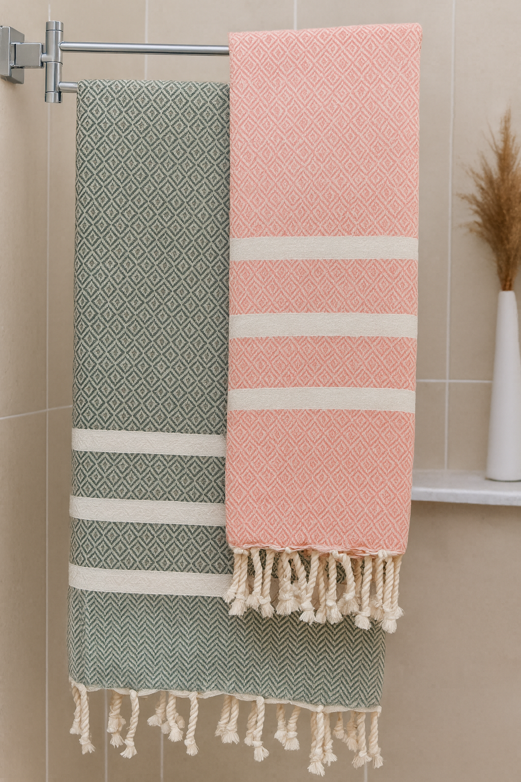 Exclusive Diavron 2-Pack Cotton Towels – Khaki Green & Salmon Pink | Quick-Dry, Lightweight & Stylish for Travel, Beach, Bath & More (39" x 71")