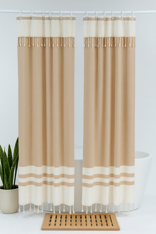 Two Panel Cotton Shower Curtain with Handmade Tassels – Boho & Farmhouse Style, Quick-Dry, Multi-Purpose (Caramel Beige, 71" x 79")