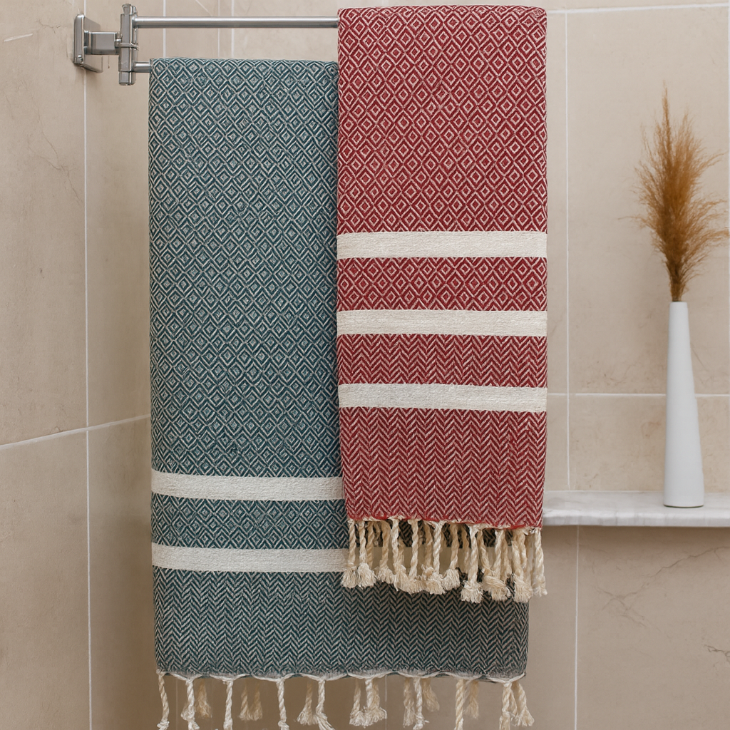 Exclusive Diavron 2-Pack Cotton Towels – Pine Green & Burgundy Red | Quick-Dry, Lightweight & Stylish for Travel, Beach, Bath & More (39" x 71")