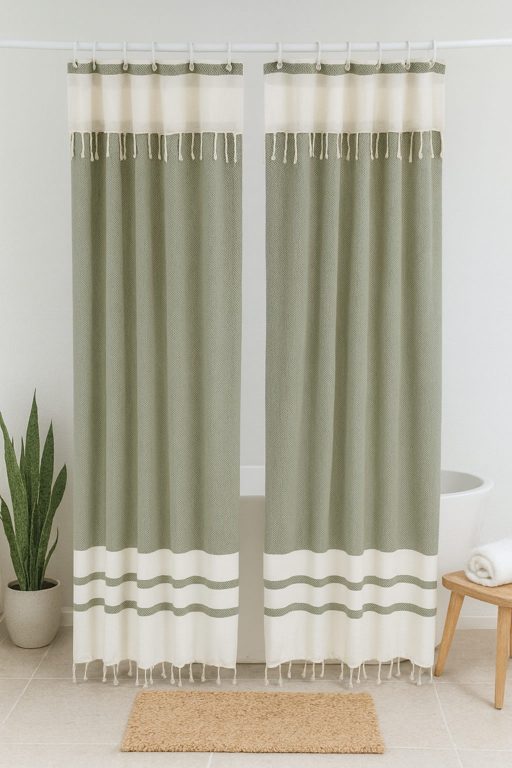Two Panel Cotton Shower Curtain with Handmade Tassels – Boho & Farmhouse Style, Quick-Dry, Multi-Purpose (Khaki Green, 71" x 79")