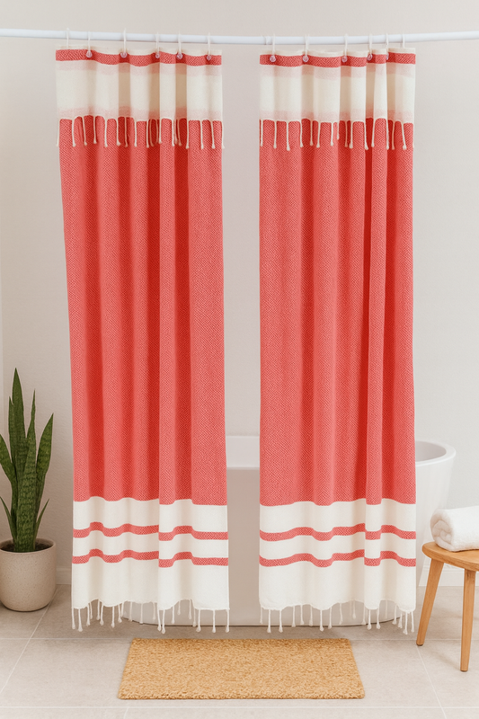 Two Panel Cotton Shower Curtain with Handmade Tassels – Boho & Farmhouse Style, Quick-Dry, Multi-Purpose (Coral Red, 71" x 79")