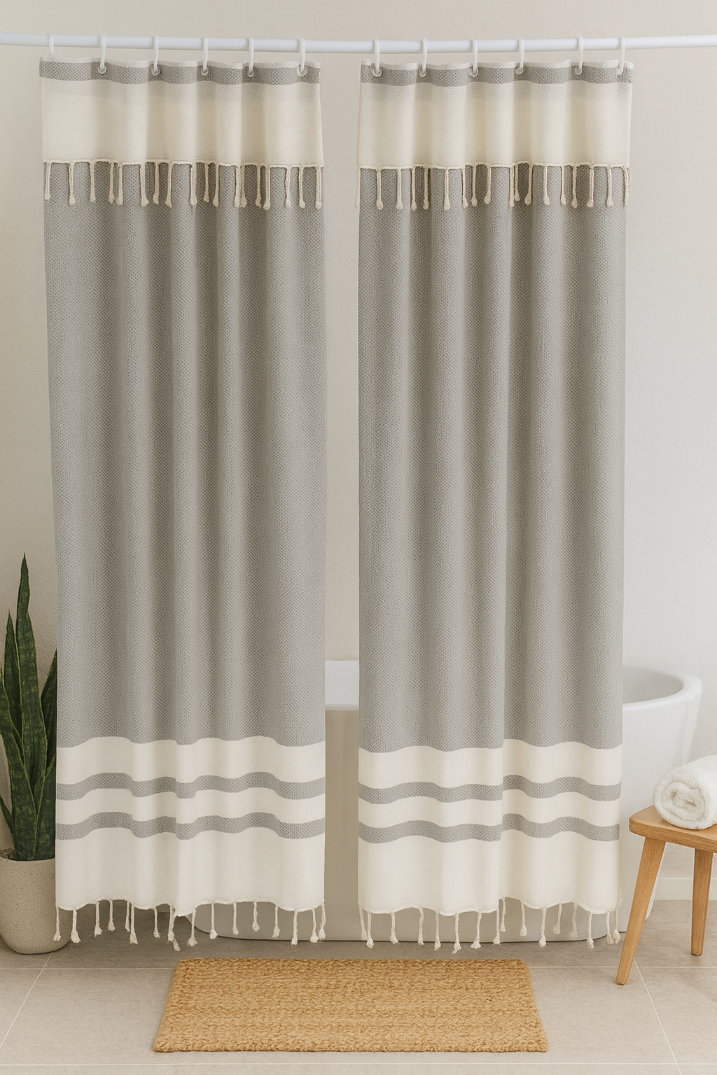 Two Panel Cotton Shower Curtain with Handmade Tassels – Boho & Farmhouse Style, Quick-Dry, Multi-Purpose (Silver Gray, 71" x 79")