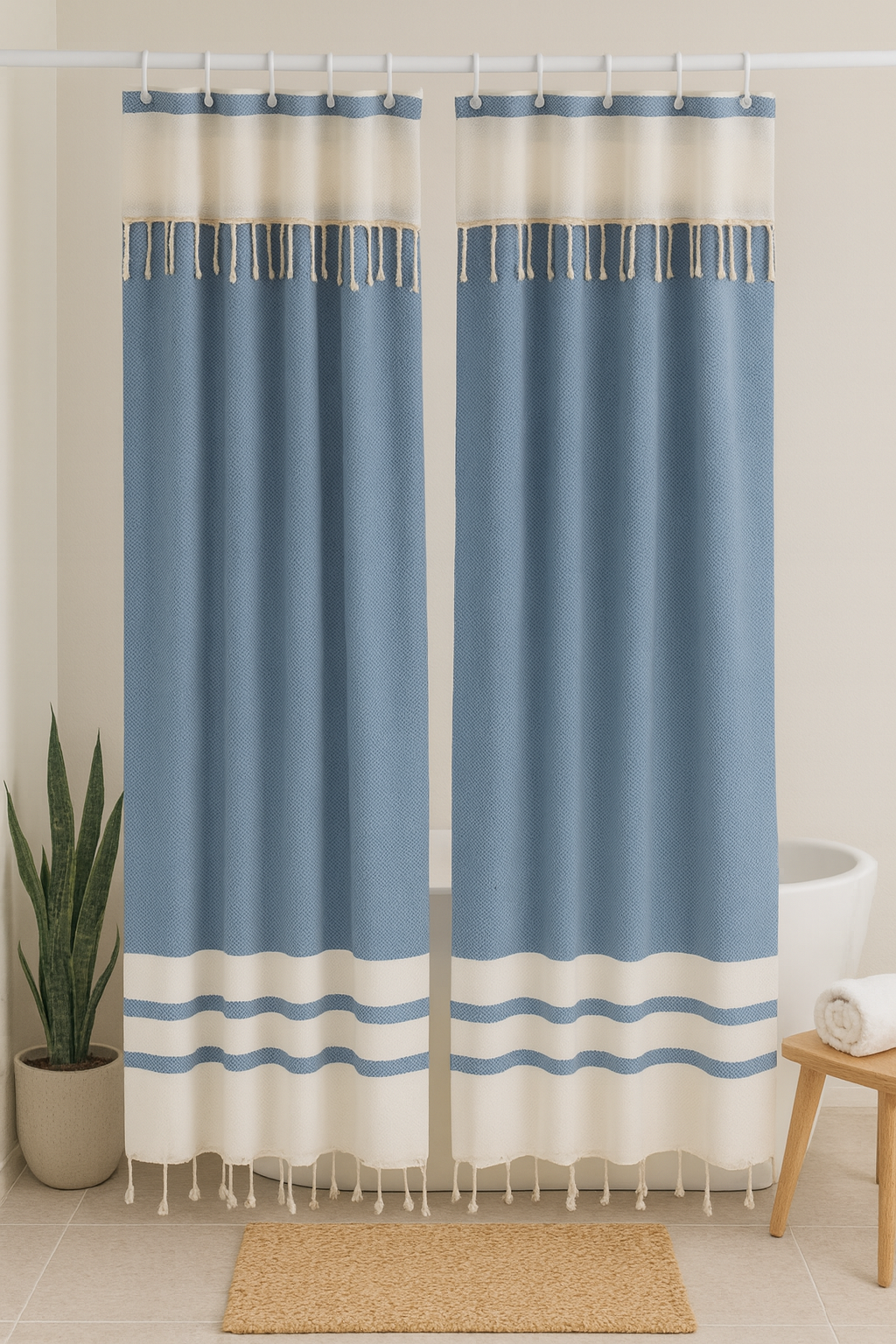 Two Panel Cotton Shower Curtain with Handmade Tassels – Boho & Farmhouse Style, Quick-Dry, Multi-Purpose (Sky Blue, 71" x 79")