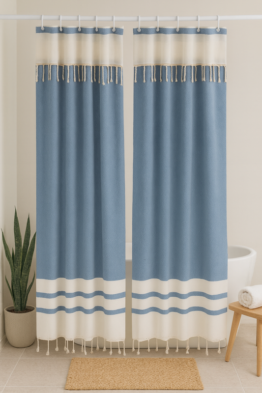 Two Panel Cotton Shower Curtain with Handmade Tassels – Boho & Farmhouse Style, Quick-Dry, Multi-Purpose (Sky Blue, 71" x 79")