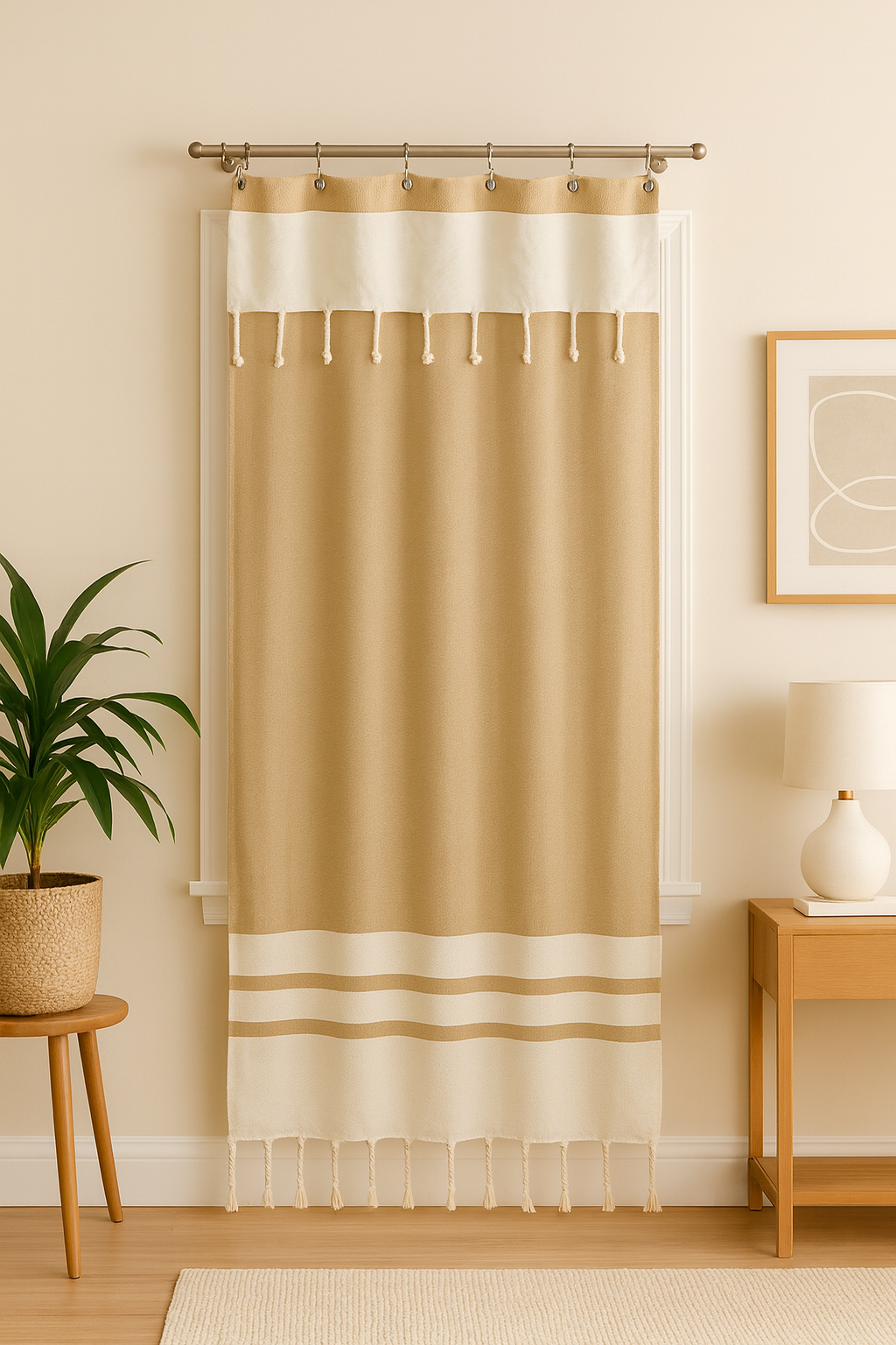 Caramel Beige Cotton Stall Shower Curtain – Warm, Neutral & Space-Saving (39" x 71")
