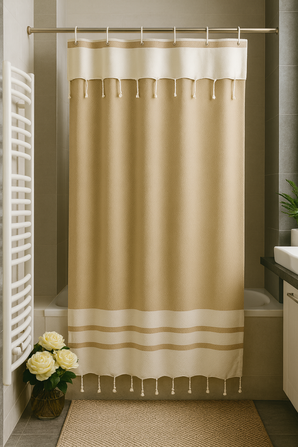 Caramel Beige Cotton Stall Shower Curtain – Warm, Neutral & Space-Saving (39" x 71")