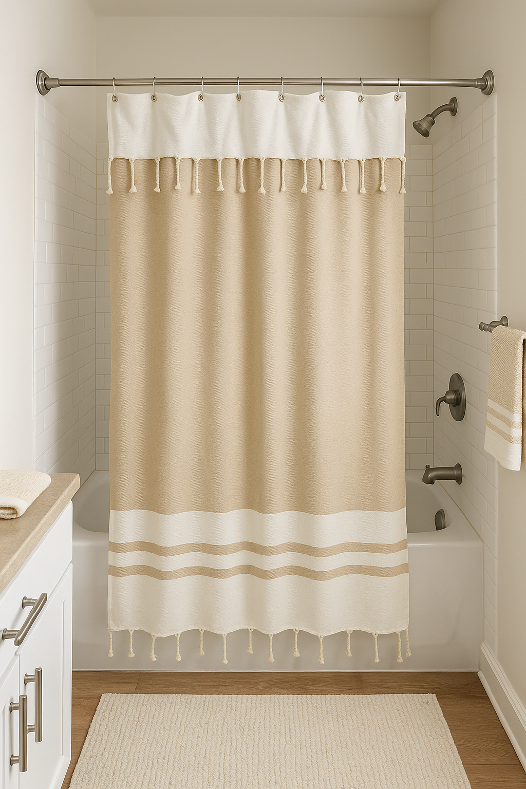 Caramel Beige Cotton Stall Shower Curtain – Warm, Neutral & Space-Saving (39" x 71")