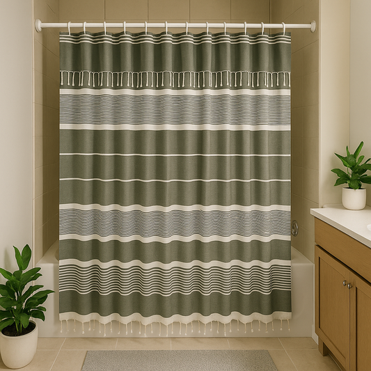 Khaki Green Cotton Shower Curtain with Tassels – 79" x 71" – Boho & Farmhouse Style – Quick Dry, Multi-Purpose, Free Hooks