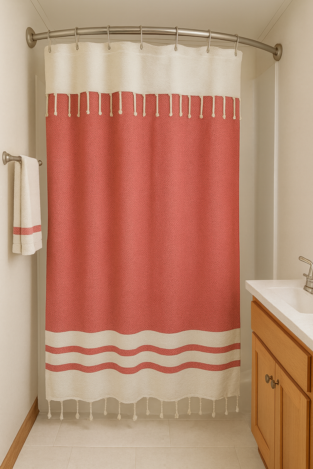Coral Red Cotton Stall Shower Curtain – Bold, Cheerful & Space-Saving (39" x 71")