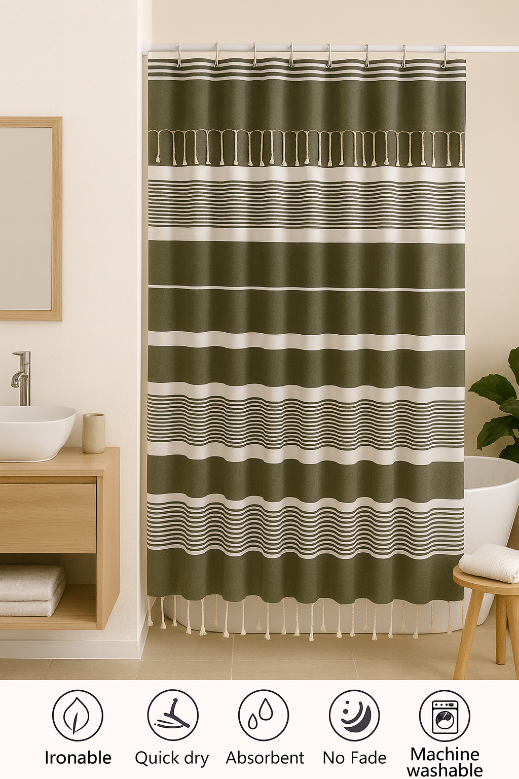Khaki Green Cotton Shower Curtain with Tassels – 79" x 71" – Boho & Farmhouse Style – Quick Dry, Multi-Purpose, Free Hooks