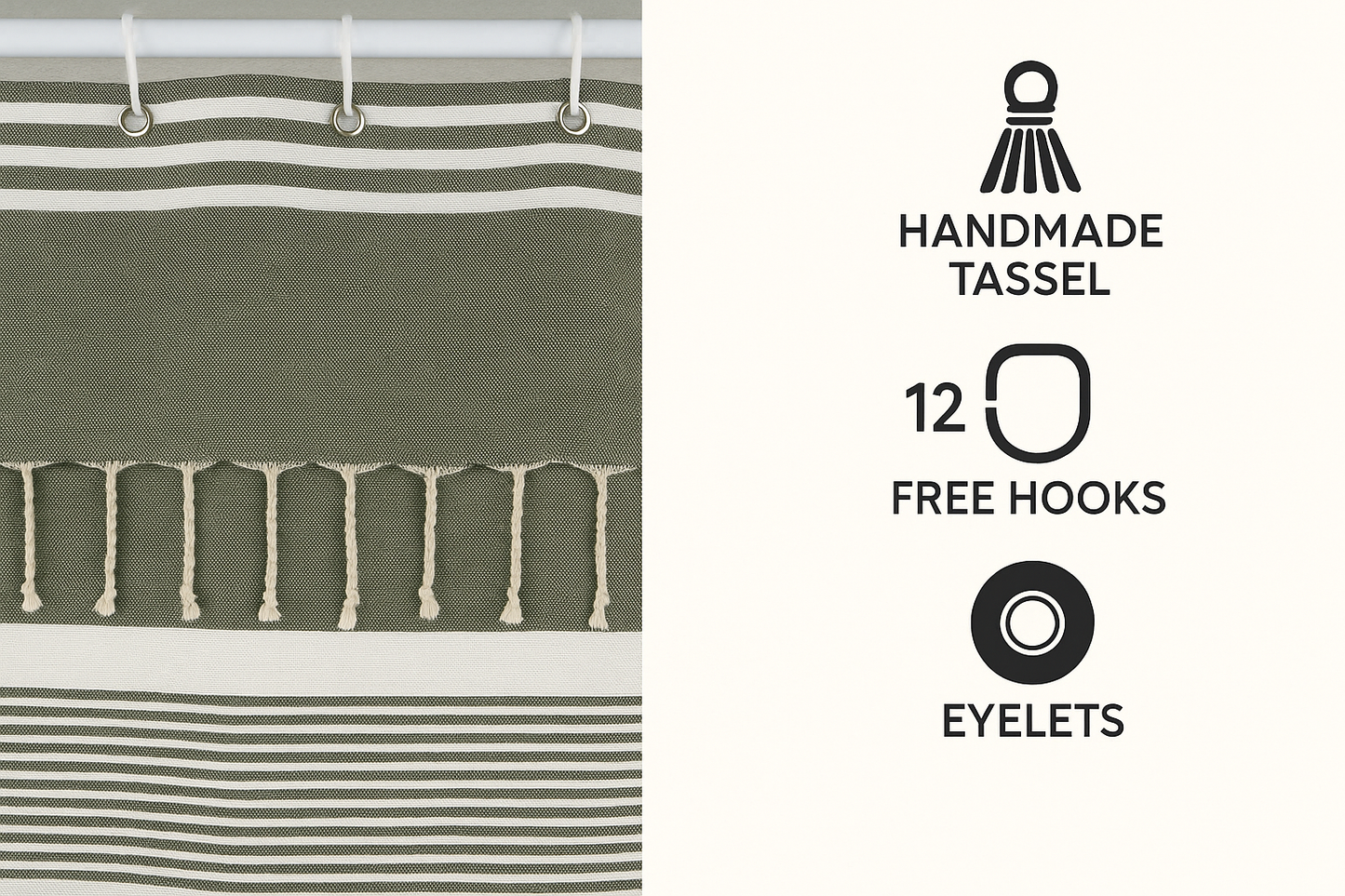 Khaki Green Cotton Shower Curtain with Tassels – 79" x 71" – Boho & Farmhouse Style – Quick Dry, Multi-Purpose, Free Hooks