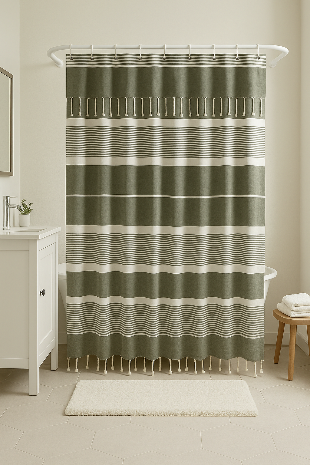Khaki Green Cotton Shower Curtain with Tassels – 79" x 71" – Boho & Farmhouse Style – Quick Dry, Multi-Purpose, Free Hooks