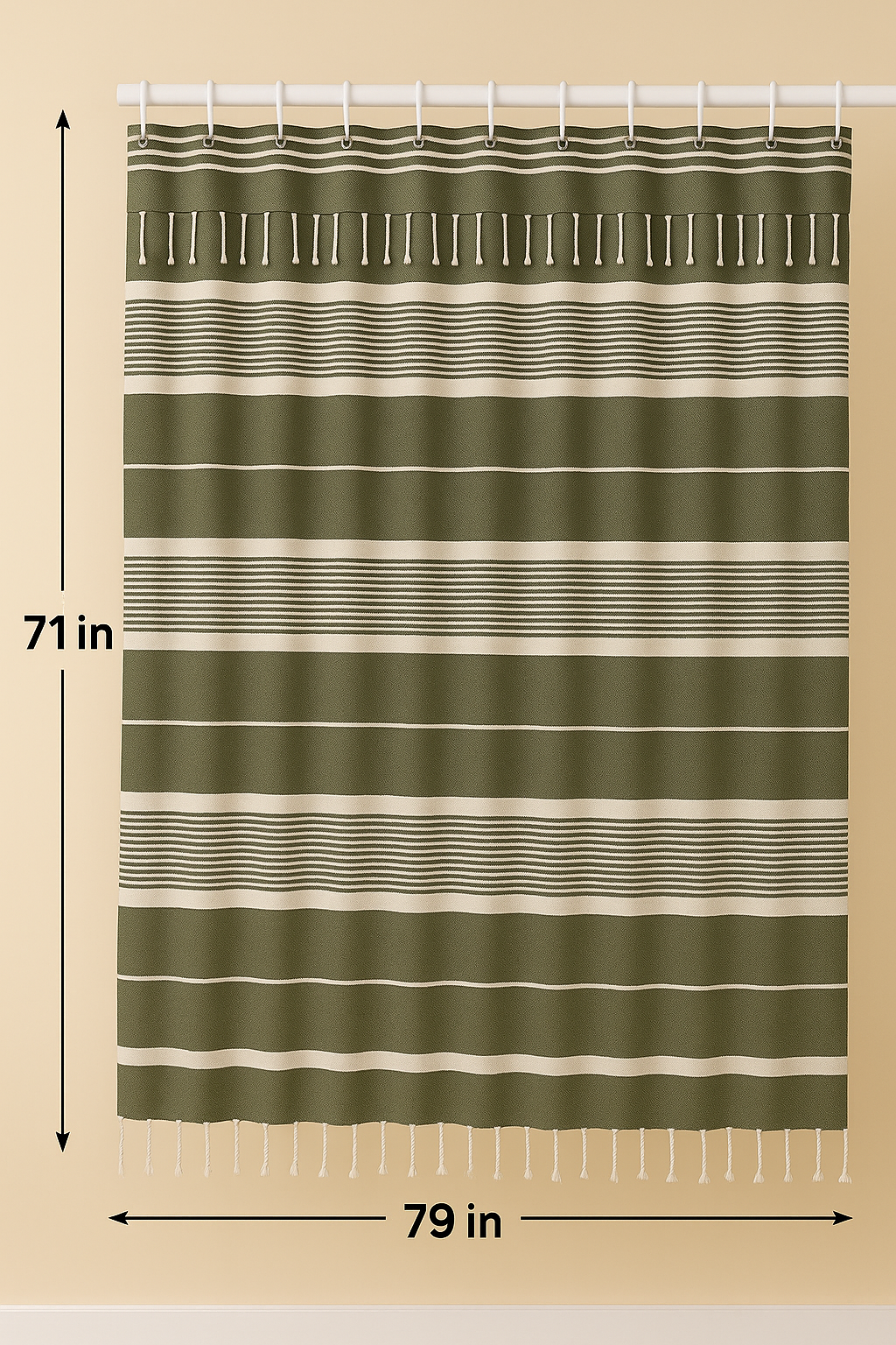 Khaki Green Cotton Shower Curtain with Tassels – 79" x 71" – Boho & Farmhouse Style – Quick Dry, Multi-Purpose, Free Hooks