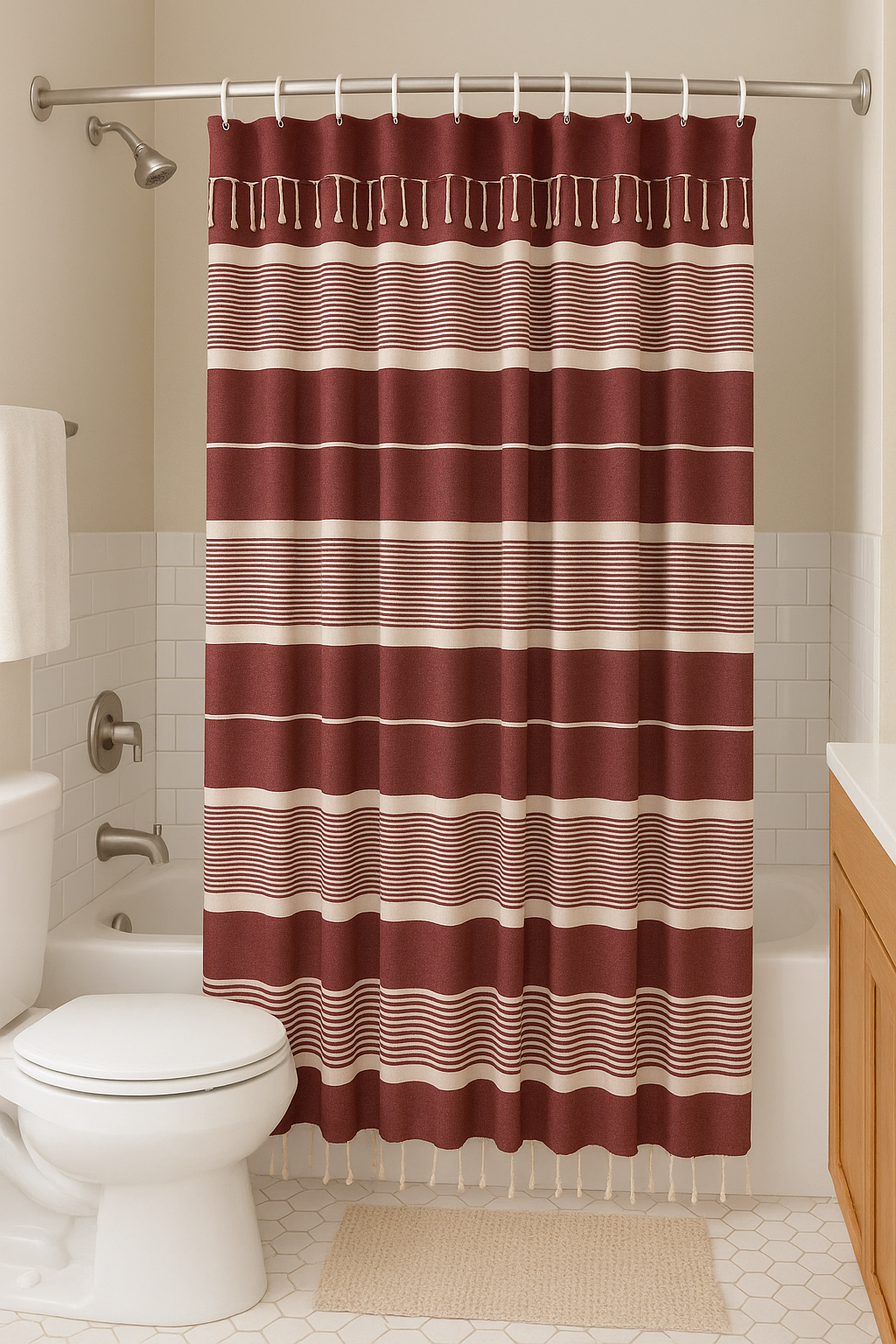 Red Violet Cotton Shower Curtain with Tassels – 79" x 71" – Boho & Farmhouse Style – Quick Dry, Multi-Purpose, Free Hooks