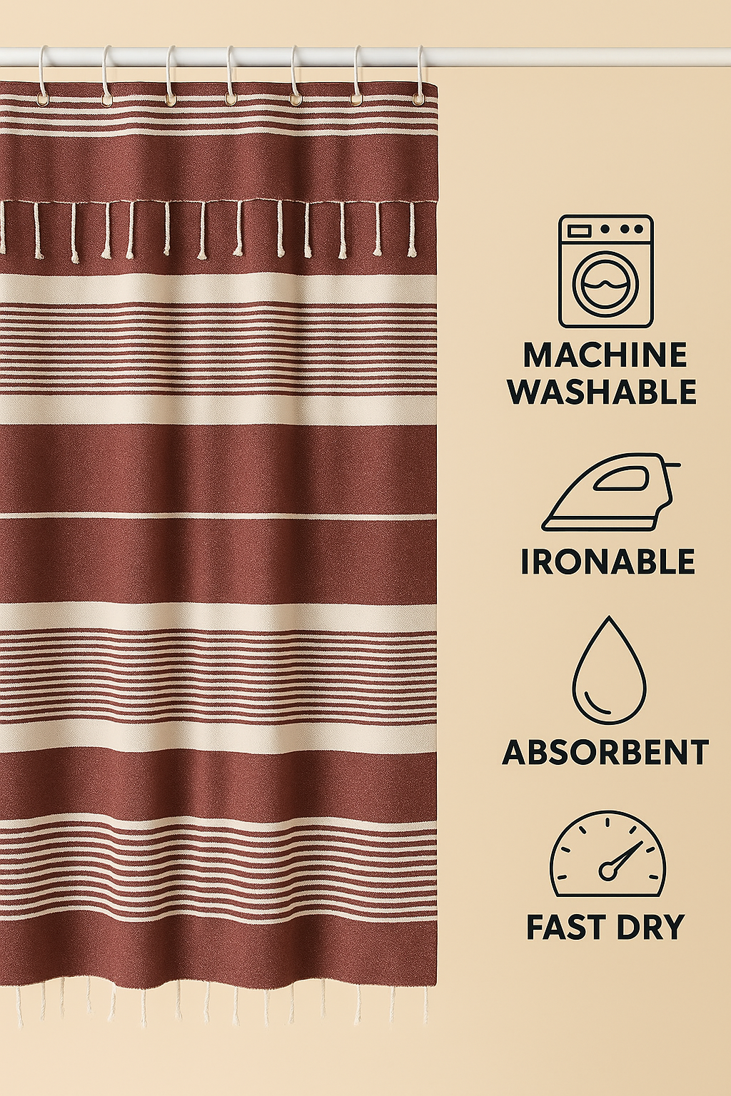Red Violet Cotton Shower Curtain with Tassels – 79" x 71" – Boho & Farmhouse Style – Quick Dry, Multi-Purpose, Free Hooks