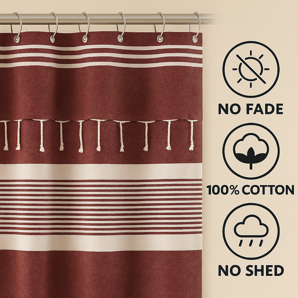 Red Violet Cotton Shower Curtain with Tassels – 79" x 71" – Boho & Farmhouse Style – Quick Dry, Multi-Purpose, Free Hooks