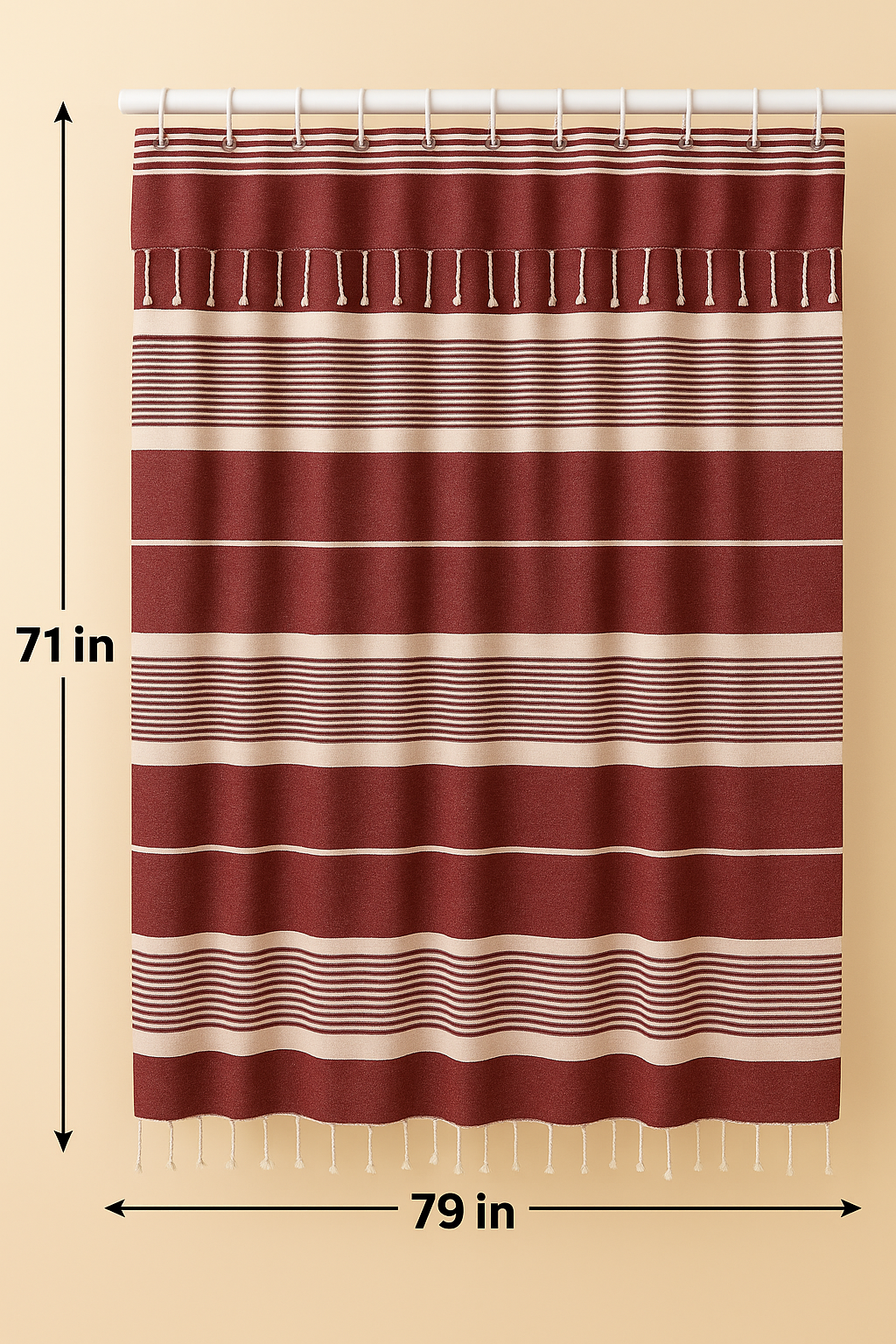 Red Violet Cotton Shower Curtain with Tassels – 79" x 71" – Boho & Farmhouse Style – Quick Dry, Multi-Purpose, Free Hooks