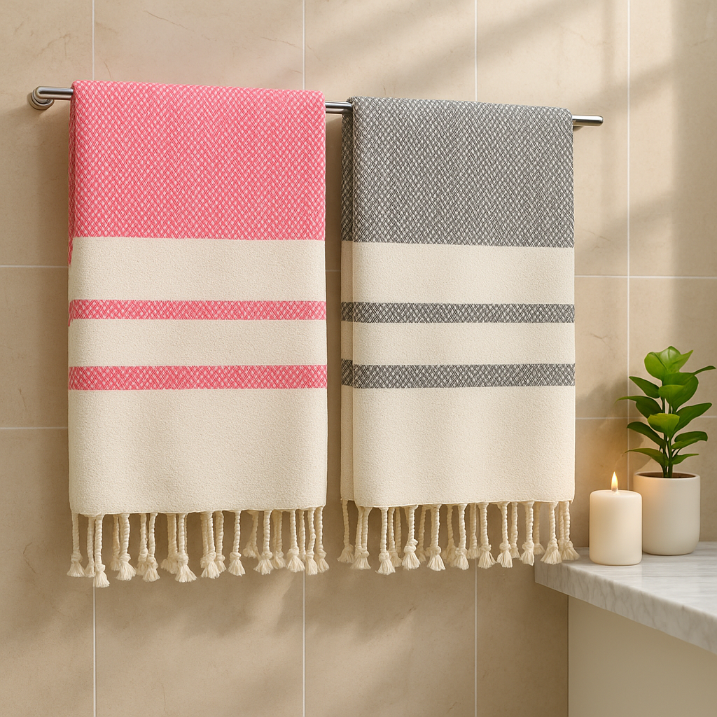 Set of 2 Cotton Towels – Soft & Quick-Dry Chevron Weave in Baby Pink + Silver Gray – Ideal for Beach, Bath, or Travel