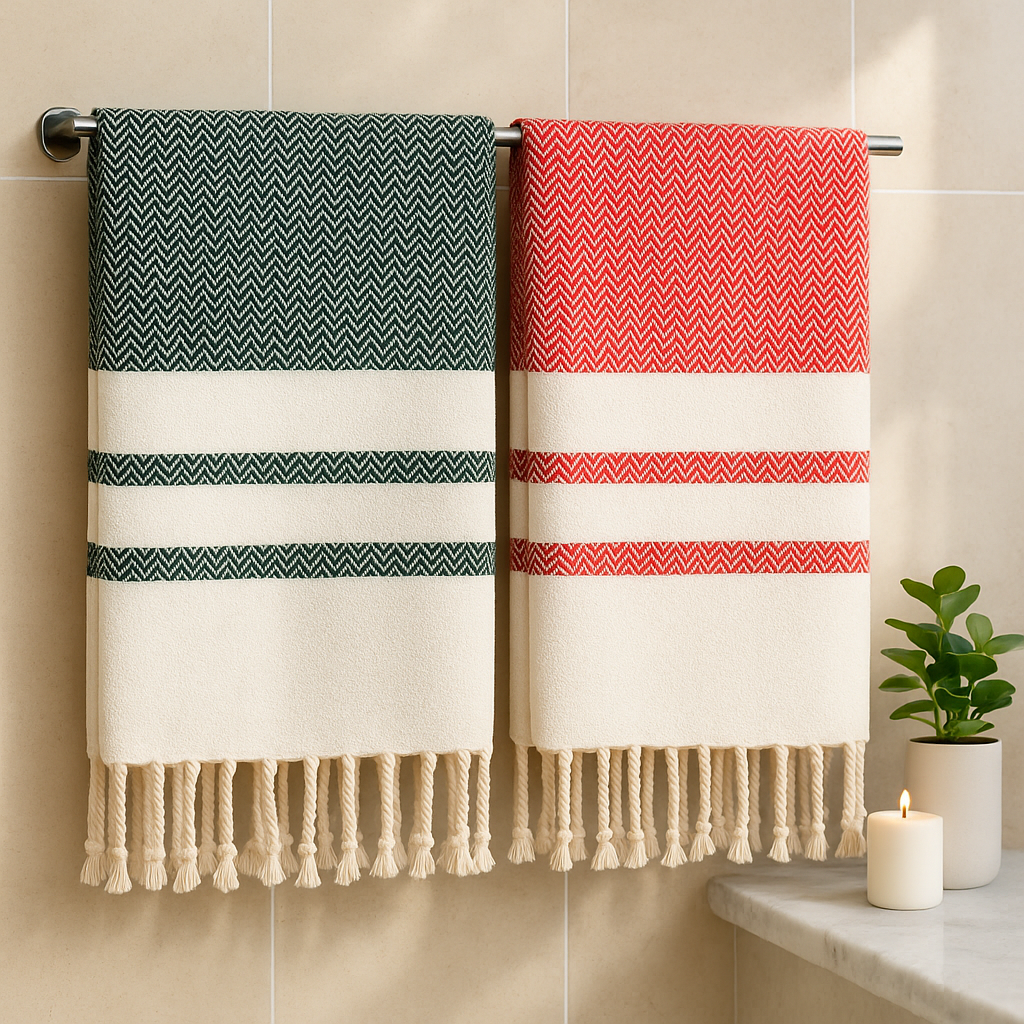 Bright Red & Pine Green Cotton Towels – Quick Dry, Lightweight & Compact – Ideal for Travel, Beach, Bath & More (Set of 2, 39" x 71")