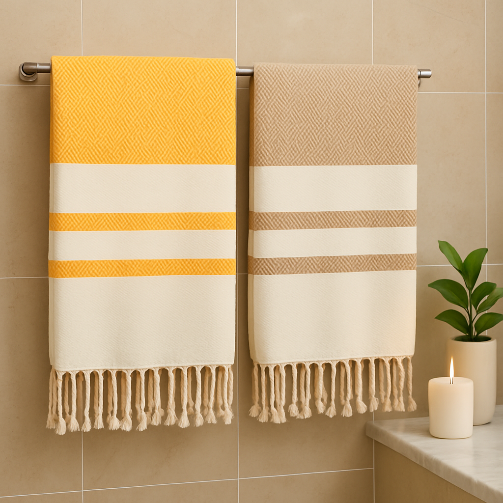 2-Pack Cotton Turkish Towels – Caramel Beige & Gold Yellow | Lightweight, Quick-Dry, Oversized Chevron Peshtemals