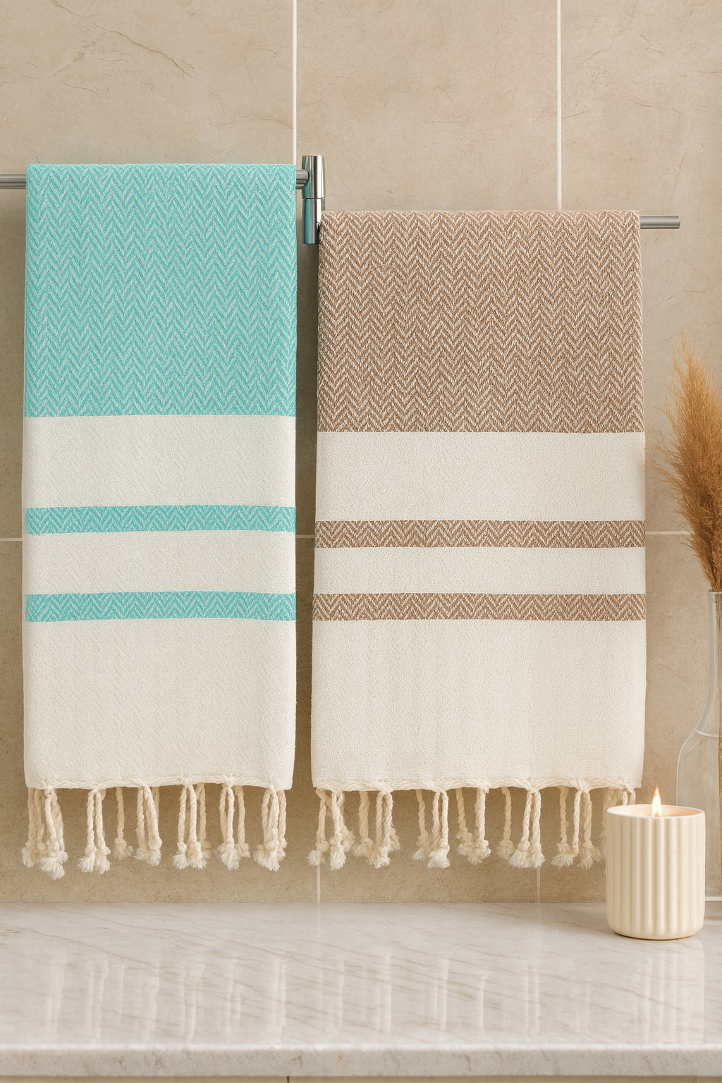 Set of 2 Cotton Towels – Fast-Drying & Lightweight Chevron Weave in Caramel Beige + Mint Green – Travel, Beach & Everyday Use