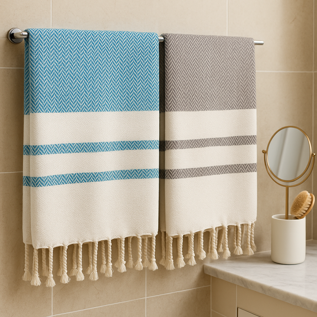 Set of 2 Cotton Towels – Lightweight & Quick-Dry Chevron Weave in Turquoise Blue + Silver Gray – Perfect for Beach, Travel & Everyday Use