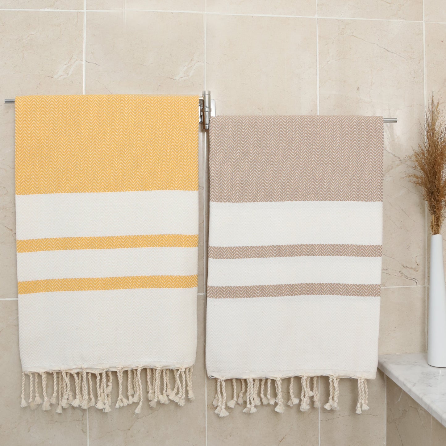 2-Pack Cotton Turkish Towels – Caramel Beige & Gold Yellow | Lightweight, Quick-Dry, Oversized Chevron Peshtemals