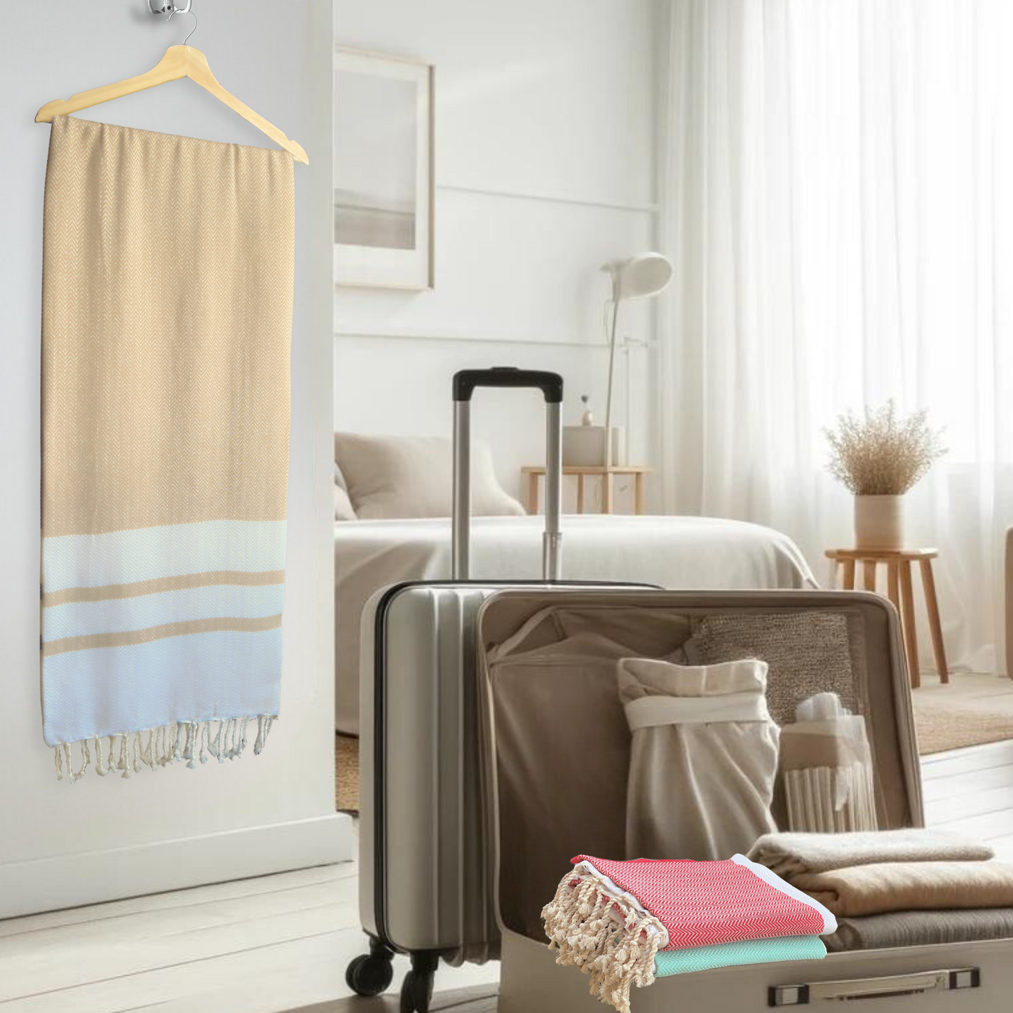 2-Pack Cotton Turkish Towels – Caramel Beige & Gold Yellow | Lightweight, Quick-Dry, Oversized Chevron Peshtemals