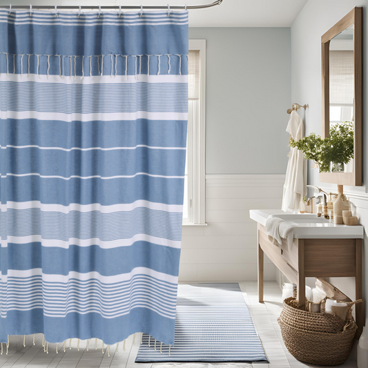 Sky Blue Cotton Shower Curtain with Tassels – 79" x 71" – Boho & Farmhouse Style – Quick Dry, Multi-Purpose, Free Hooks